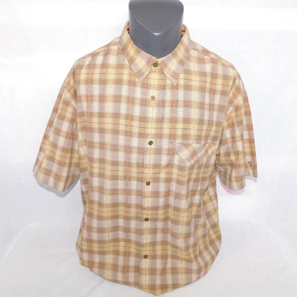 KUHL Short Sleeve Button Front Brown Tan Plaid short sleeve Shirt Mens 2XL